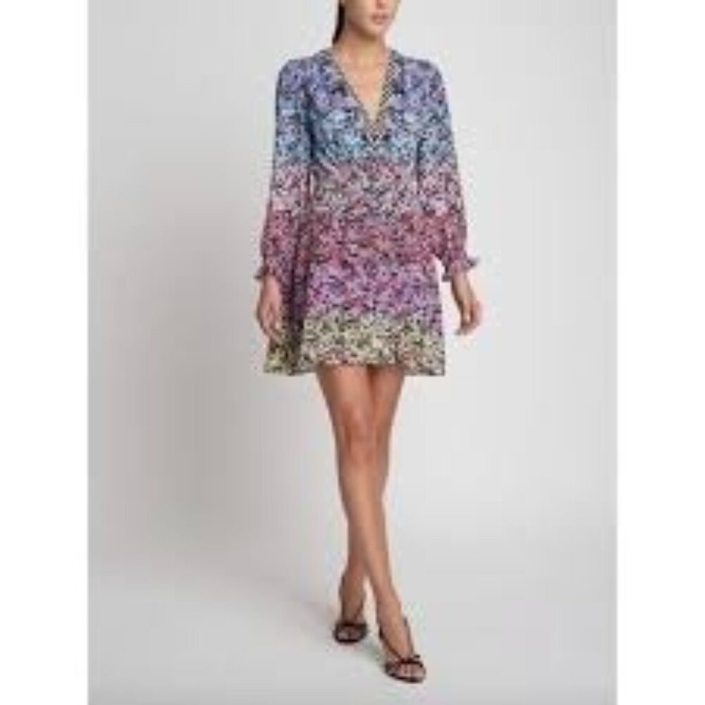 Saloni Eve Floral Print Silk Dress‎ in Rainbow Gardenia Size 6